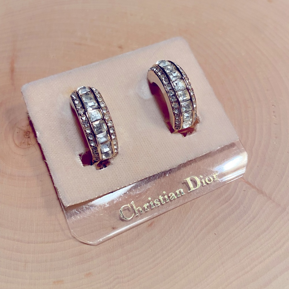 Vintage NWT Christian Dior Crystal Clip-On Hoop Earrings